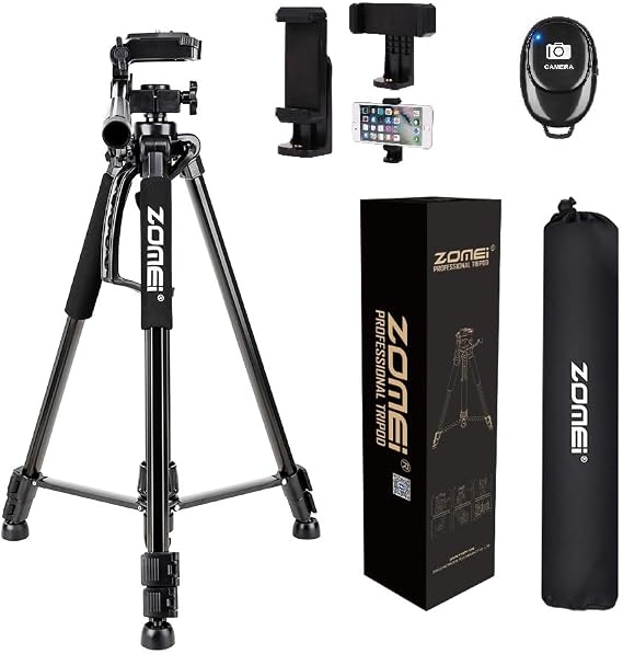 Zomei Zm-1200 Camera Tripod + Remote Control Professional Phone Holder Portable Tripod with Mobile Phone Holder, Aluminum Alloy Lightweight Camera Stand Tripod 3 Way Switch Head