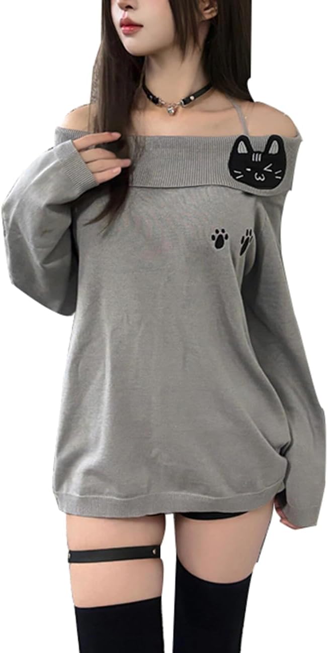 Y2K Emo Grunge Goth Shirt Long Sleeve Off Shoulder Teen Girls T-Shirt Alt Top 2000s Clothes