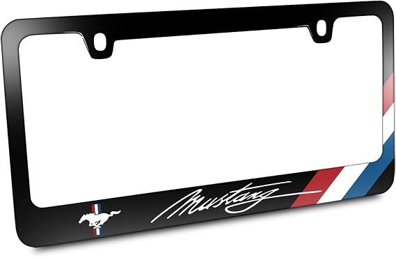 iPick Image for Ford Mustang Script Tri-Bar Sports Stripe Black Metal License Plate Frame - Official Licensed