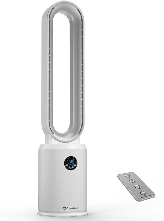Comfort Zone 40-Inch Bladeless Tower Fan for Bedroom Quiet Standing Fan with Remote Control, 9H Timer & Wide Area Oscillation Turbocharged Airflow & Digital LED Display White/Silver