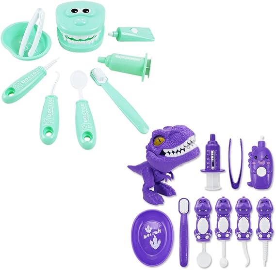 Bundle 19PCS = 9PCS Plastic Simulation Dentist Play Set (Green) + 10PCS Plastic Dinosaur Simulation Dentist Play Set (Purple)