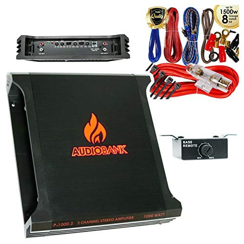 Audiobank P1000.2 1000 Watt 2-Ohm Stable 2 Channel Bridgeable & TRI-Mode Operation Stereo Amplifier  Complete 1500W 8 Gauge Car Amplifier Installation Wiring Kit