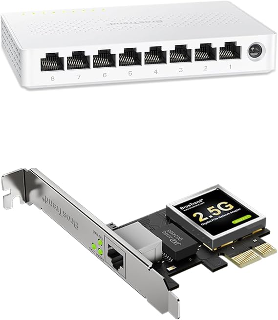 BrosTrend 8 Port 2.5G Network Switch, Unmanaged Ethernet Switch Multi-Gigabit + 2.5Gb Network Card, PCIe Network Adapter RJ45 NIC