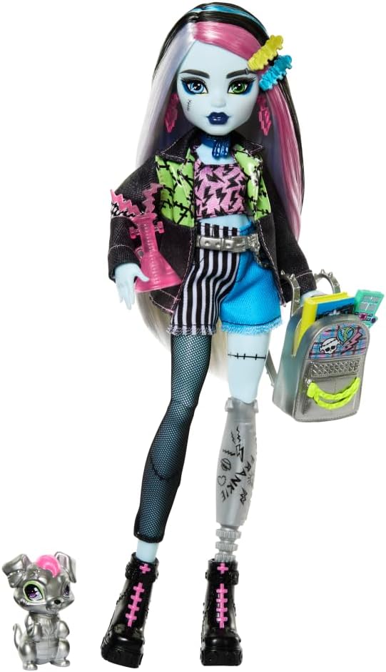 Monster High Acayip Havalı Arkadaşlar - Frankie Stein, 3Y+, HXH73 | Frankenmonster Jean Ceket ve Şort Köpek Watzie ve Sırt Çantası, Atıştırmalık ve Not Defteri gibi aksesuarlar ile HXH73