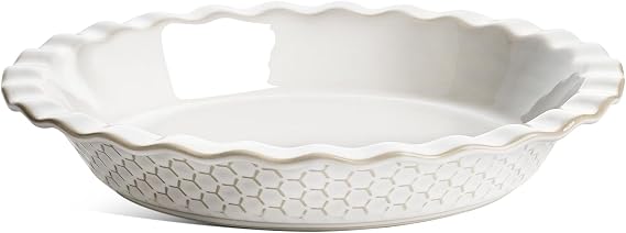 LE TAUCI Pie Pans for Baking 9 Inch, Ceramic Pie Plate for Apple Pie, Round Baking Dish Oven Safe, Embossment Housewarming Wedding Present - 36 OZ,