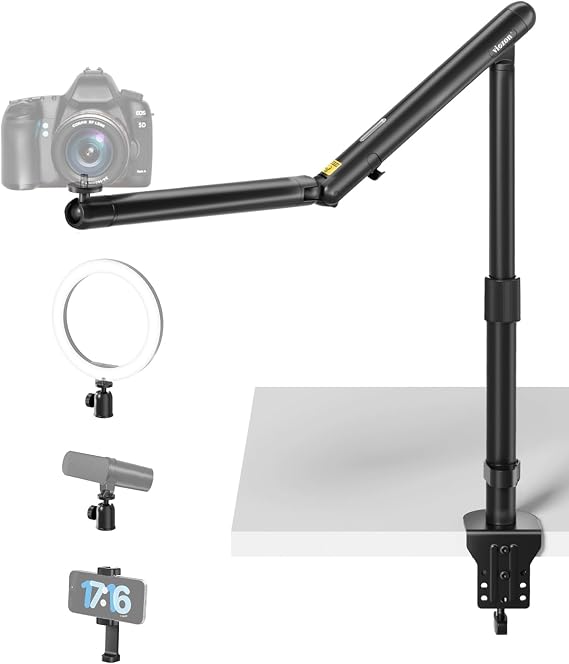Viozon Overhead Camera Mount, Overhead Phone Stand, Flexible Aluminum Alloy Spring Arm with 360 Ball Head,1/4"&3/8" Interface for DSLR Camera/Rrojector/Microphone/Ring Light/Webcam/Phone