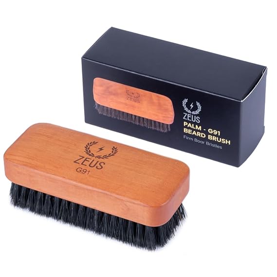 ZEUS Palm Beard Brush for Men, Firm Boar Bristles & Pear Wood Handle (G91)