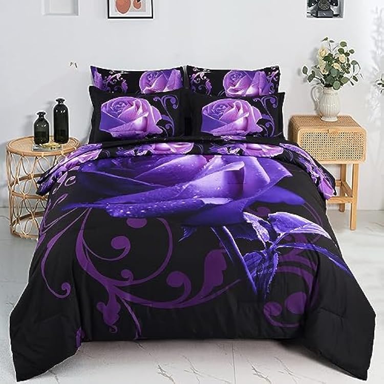 Xruibed Floral Comforter Set Queen 7 Piece Bed in a Bag Purple Rose Flower Comforter with Sheet Set Soft Micorfiber Bedding Set 1 Comforter,2 Pillow Shams,1 Flat Sheet,1 Fitted Sheet,2 Pillowcases