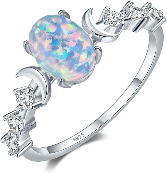 Genuine Moonstone Ring Sterling Silver Moon Phase Ring Oval Moonstone Cubic Zirconia Statement Band Finger Minimalist Ring for Women Girls with Gift Box
