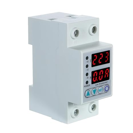 Voltage Current Protector, Adjustable Double LED Display Auto Reconnect Over Under Voltage Over Current Protection for Home Workshop DIN Rail AC 220V 63A 1 Pack