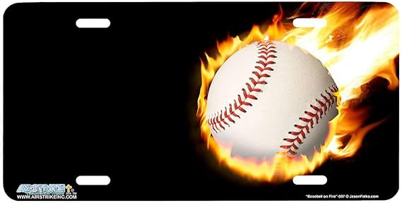 Airstrike Baseball on Fire Aluminum License Plate Attachment
