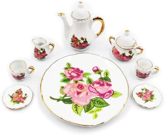 Miniature Tea Set 1/6 Scale Dollhouse Accessories Porcelain Rose
