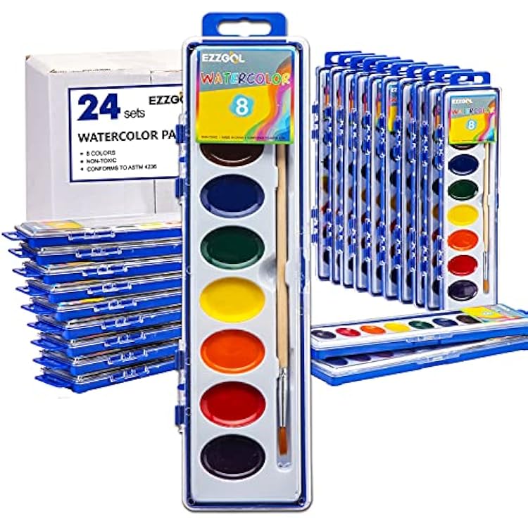 Watercolor Paint Sets Bulk Pack of 24, 8 Colors Washable Paint Sets for Kids, Quality Water Color Wooden Brushes, Perfect for Preschool Classroom