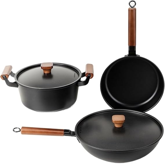Pot Set Three-piece Wok Soup Pot Frying Pan Combination Household Iron Pot Induction Cooker Gas Stove Universal