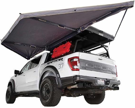 Overland Vehicle Systems 19609917 HD Nomadic 180 LTE Awning Universal | 59 Sq Ft of Coverage | Dark Gray Fabric with Black Travel Cover Included | Twist and Lock Technology | Heat-Sealed Seams