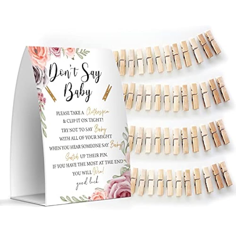 Dont Say Baby Set - One 5x7 Sign and 50 Mini Clothespins, Baby Shower Games, Baby Shower Decoration, Gender Neutral Baby Shower - MsJb015
