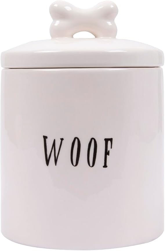 Creative Co-Op Ceramic Dog Treat Jar with Woof Message and Bone Handle Lid, White and Black