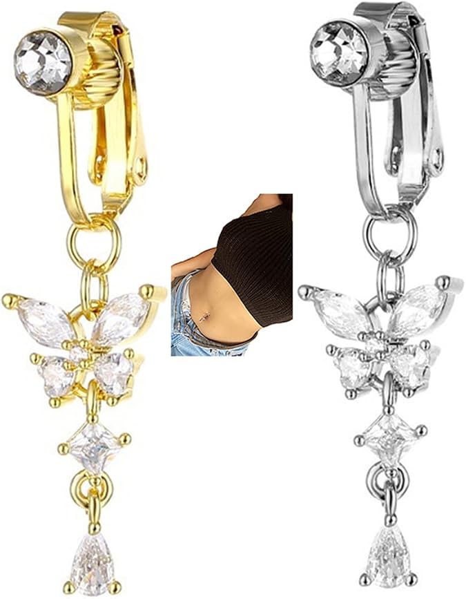 JILIYUPA 2Pcs Detoxifying Slimming Acupointtherapy Belly ring, Flower Butterfly Belly Button Rings, Lymphdrainage Belly button Rings, Non Piercing Acupressure Slimming Belly Button Rings