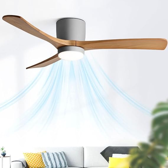 36in Nordic Indoor Ceiling Fan with LED Light, Dimmable for Living Room & Dining Room, 6 Speed, Wooden Blades (Grey) [Energy Class A+]