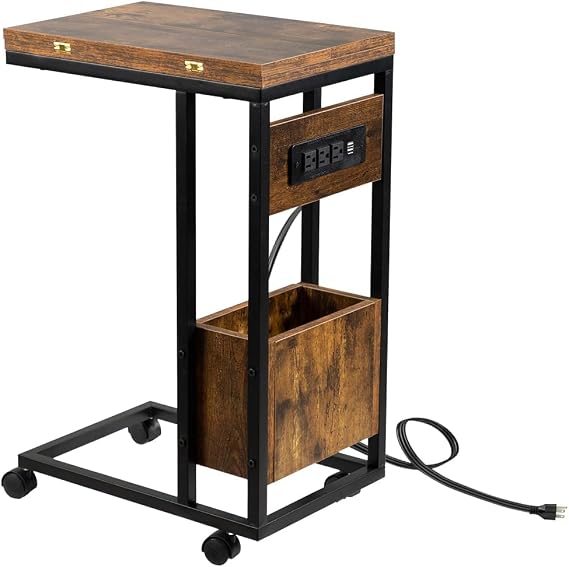 Hadulcet C Shaped End Table for Couch with Power Port & Foldable Tabletop