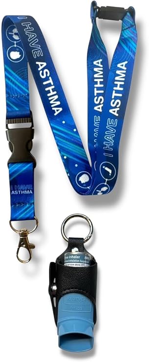 Asthma Inhaler Case with Keyring & Medical Awareness Asthma Lanyard (Black)