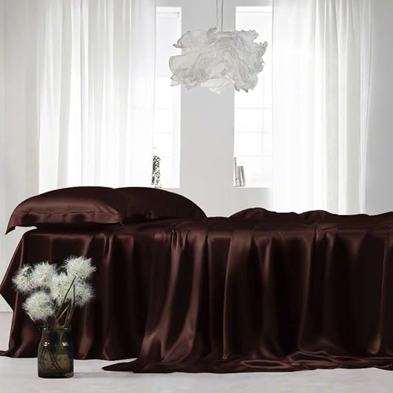 King Silk Sheet Set 7 Piece True Silk Satin Sheets Set- Hotel Luxury Bed Sheets - Extra Soft - 15'' Deep Pocket - Breathable & Cooling - Wrinkle Free - Comfy-Chocolate Bed Sheets