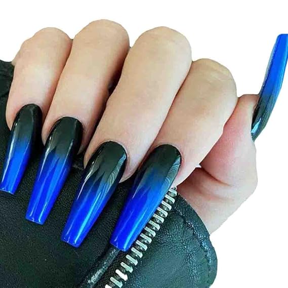 Ombre Extra Long Press on Nails Coffin Fake Nails Ballerina False nails Acrylic Halloween Christmas Nails for Women and Girls 24Pcs (Black and Blue)