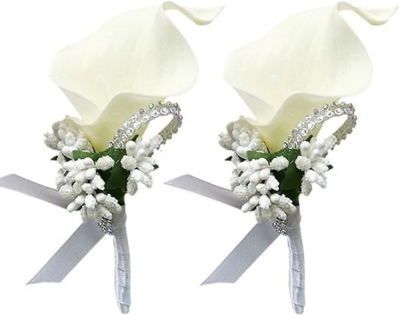 2Pcs Artificial Calla Lily Wrist Corsage Boutonniere Set, Groomsmen Bridesmaids Wedding Flowers Accessories Prom Party Decorations,Ivory White (White)