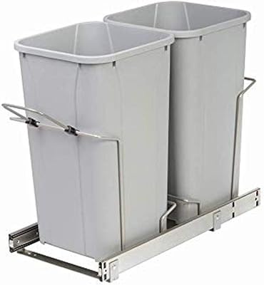 Knape & Vogt SCB12-2-27PT Double 27 Qt Soft-Close Bottom-Mount Pull-Out Trash Can, 22 Deep x 11-38 Wide x 18-34 High, Platinum