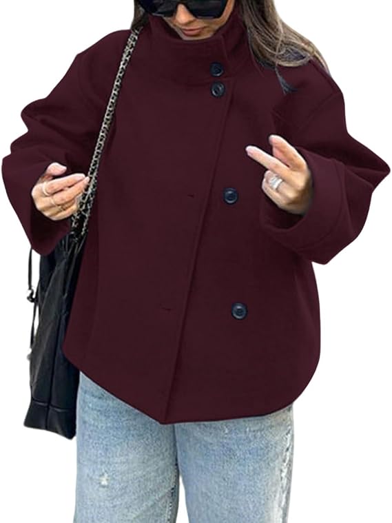 CHARTOU Women Crop Pea Coat Wool Blend Winter Loose Casual Short Jacket Outwear
