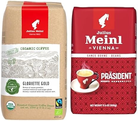 Julius Meinl Originals GLORIETTE Bio Organic Fairtrade Bean Coffee 1 Kg and Julius Meinl President Bean Coffee, Medium Roasted, Classic Flavored, 500 g