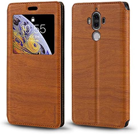 Viewable Window Leather Flip Case Compatible with Huawei Mate 9, Elegant Design Clear Display Invisible Magnetic Cover and Card SlotBrown