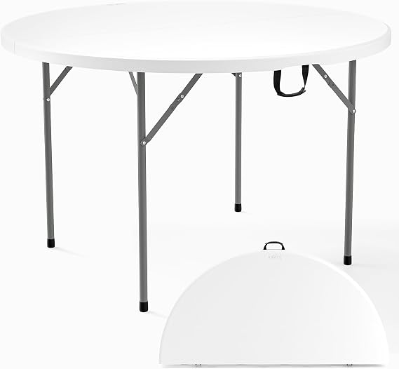 VINGLI White 48" Round Bi-Folding Commercial Table, 4 Feet Portable Plastic Dining Card Table for Kitchen or Outdoor Party Wedding Event, 1-Pack
