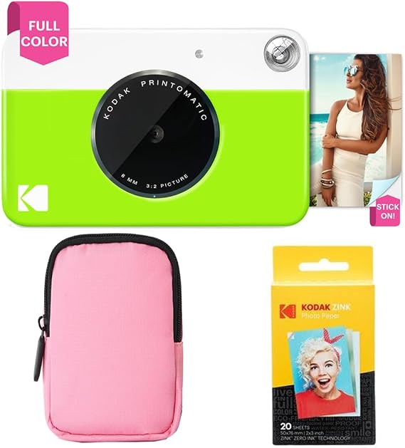 Kodak Printomatic Full-Color Instant Print Camera Starter Bundle + Soft Case + Zink 20pk Photo Paper - Colorful Photos On 2x3 Sticky-Back Paper - Fun Gift for Birthday Christmas Holiday - Green