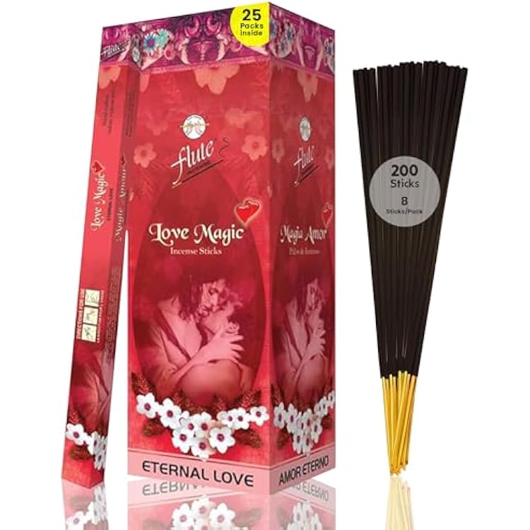 Flute Love Magic Incense Sticks Herbal Aroma for Relaxation, Freshness & Romantic Calm 8 SticksPack, 25 PacksBox 9 Inch, 200 Sticks | 40 Minutes Burn Time