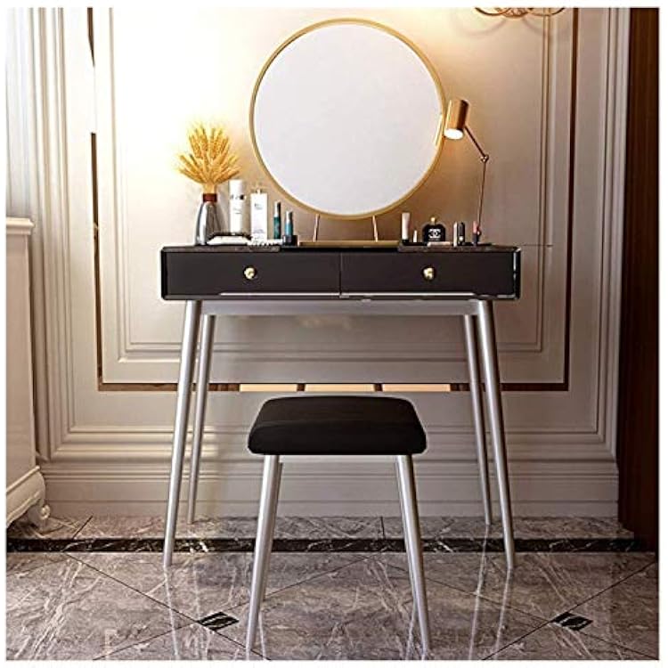Makeup Dressing Table with Round Mirror and Stool, 2 Large Drawers & Cushioned Stool, Modern Bedroom Color : White, Size : 80x40x75cm Black 120x40x75cm