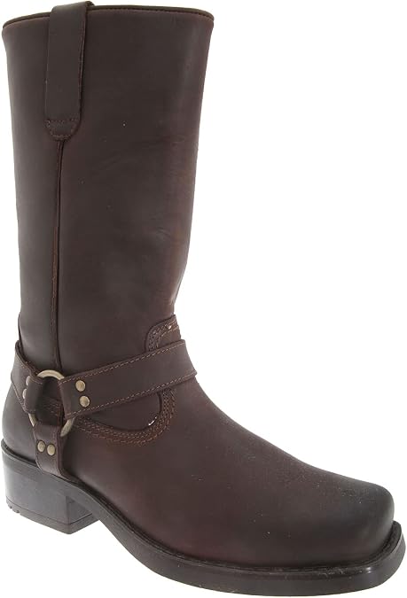 Mens 11 inch Leather Pull On Western Harness Cowboy Biker Boots Available in Sizes 7,8,9,10,11,12 (Mens UK 9 / EU 43, Dk.Brown)