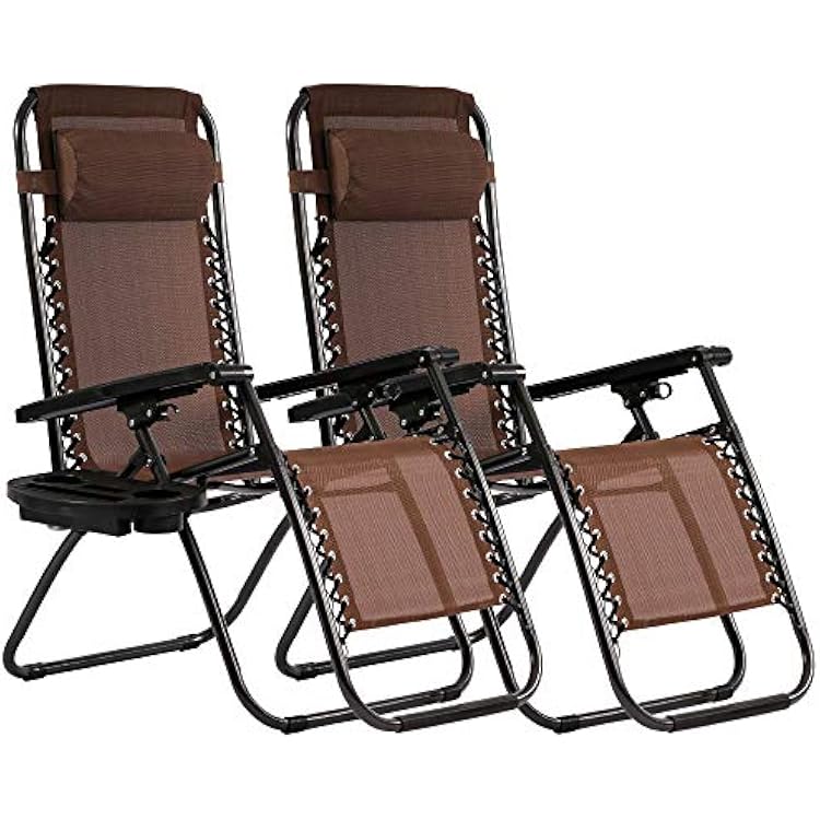 Zero Gravity Chair Set of 2, Patio Lounge Recliners, Adjustable Lounge Outdoor Chairs with Pillows and Cup Holder for Backyard, Poolside, Garden, Pool, Beach, Lawn, Deck, Yard, Brown
