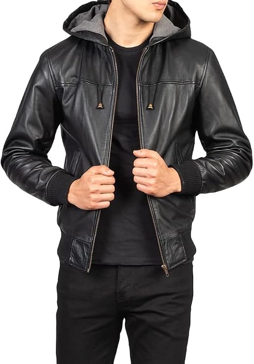 Mens Genuine Black Hooded Bomber Leather Jacket | Real Lambskin Leather Jackets for Men with Hood (Large)