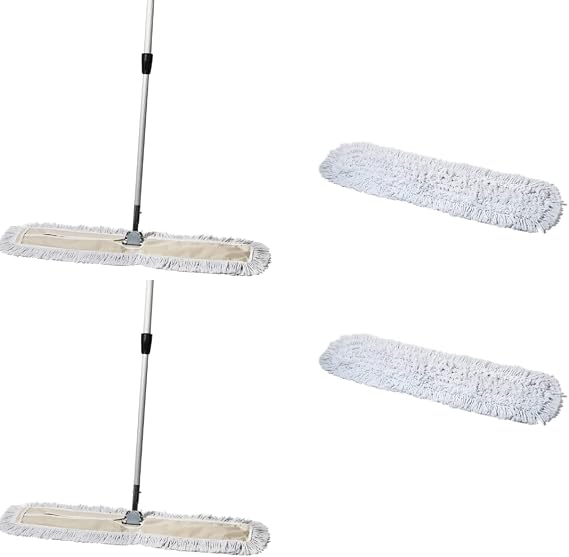 Commercial Dust Mop & Floor Sweeper 36 x 5 in. and Cotton Reusable Mop Head Bundle - 2 Mop Sets and 2 Refills
