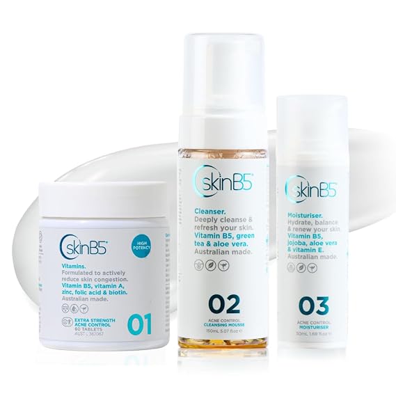 SkinB5 Clear Skin Starter Kit Bundle (3 items) with 3-Step Acne Control System with B5 (60 tablets), Cleansing Mousse (5.07oz), Moisturizer (1.69oz), Australian Made.