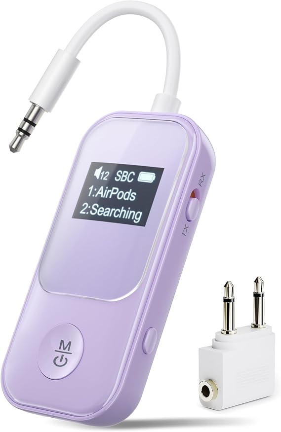 Nulaxy Airplane Bluetooth Adapter Transmitter Receiver with Screen, Purple