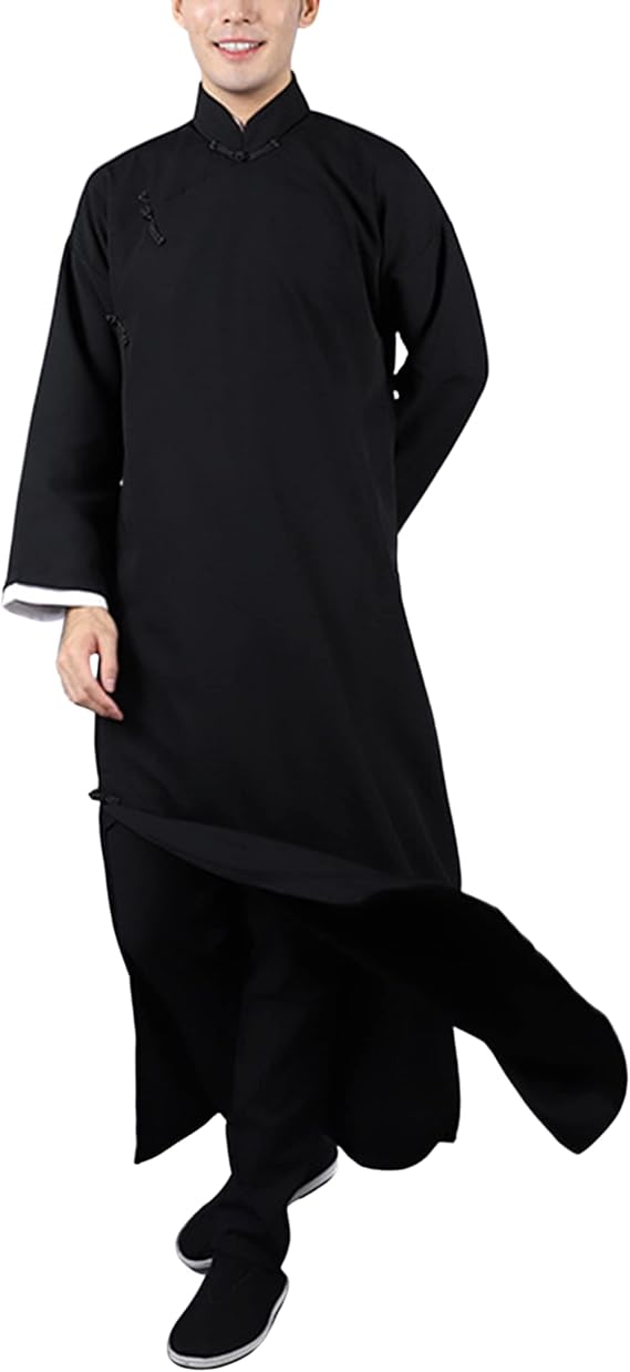 Moonetto Mens Cotton Linen Kung Fu Robe Chinese Martial Arts Uniform Tai Chi Long Suit Button Shirt Coat Robe Outfit