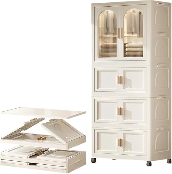 Portable Folding Closet Wardrobe Collapsible Clothes Cabinet with Hanging Rod, Magnetic Door, Wheels, and 10 Hangers for Easy Organization and Storage