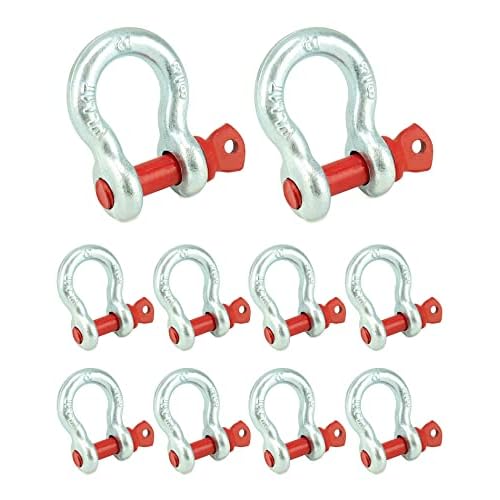 QWORK 38 Galvanized Screw Pin Anchor Shackles, 10 Pack D-Ring Shackles, Galvanized Steel Body 2204lbs Towing Capacity, Red