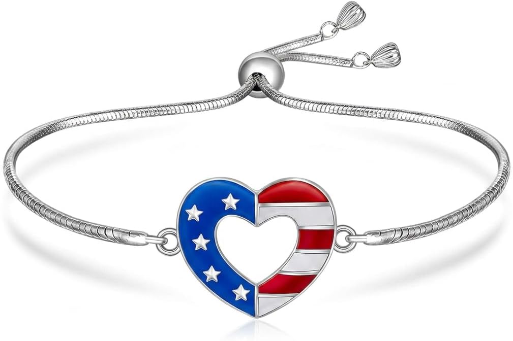 American Flag Bracelet for Women S925 Sterling Silver 4th of July Sunflower Bracelet Red White and Blue Patriotic Independence Day Jewelry Gifts
