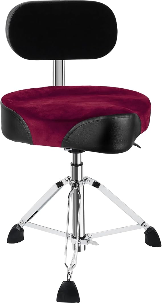 AKLOT Saddle Drum Throne with Backrest, Hydraulic Drum Throne, Heavy Duty Drum Seat, Height Adjustable Suede Drum Chair, Motorcycle Style Drum Stool for Adults Drummers Red