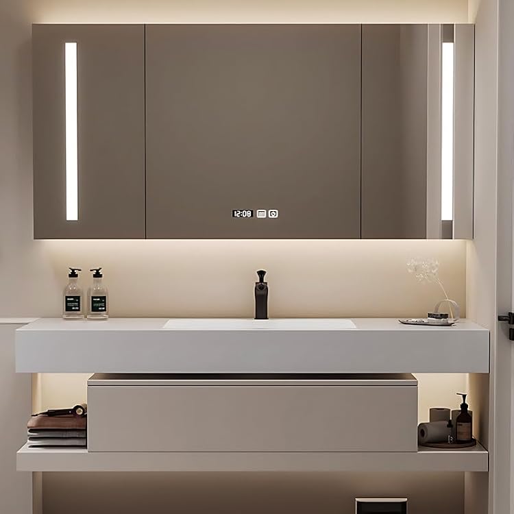 Bathroom Vanity - Modern Bathroom Vanities Sink Set with Beige Simple Unique Design Wall Mouted Cabinet Includes Side Hollow Storage Shelf & One-Click Defog | Ceramic Basin40IN