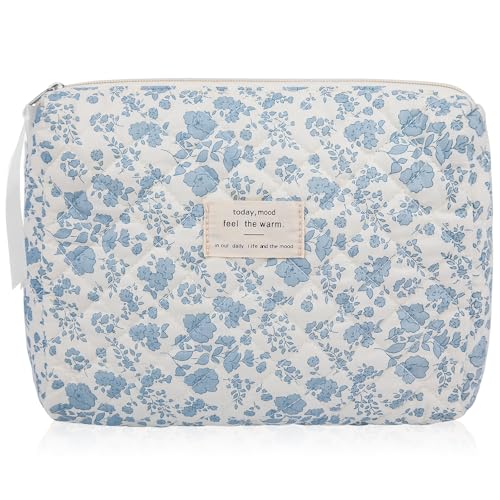 Floral Makeup Bag, Large Cosmetic Bag for Women Girls, Cute Cotton Make up Pouch, Quilted Makeup Bags, Flower Travel Toiletry Organizer BagBlue Floral