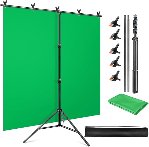Green Screen Backdrop Stand Kit, 5x6.5FT Portable Greenscreen | Adjustable, carrying bag & 5 clamps, chromakey backdrop with T shape stand, for streaming, photography, gaming, zoom, video
